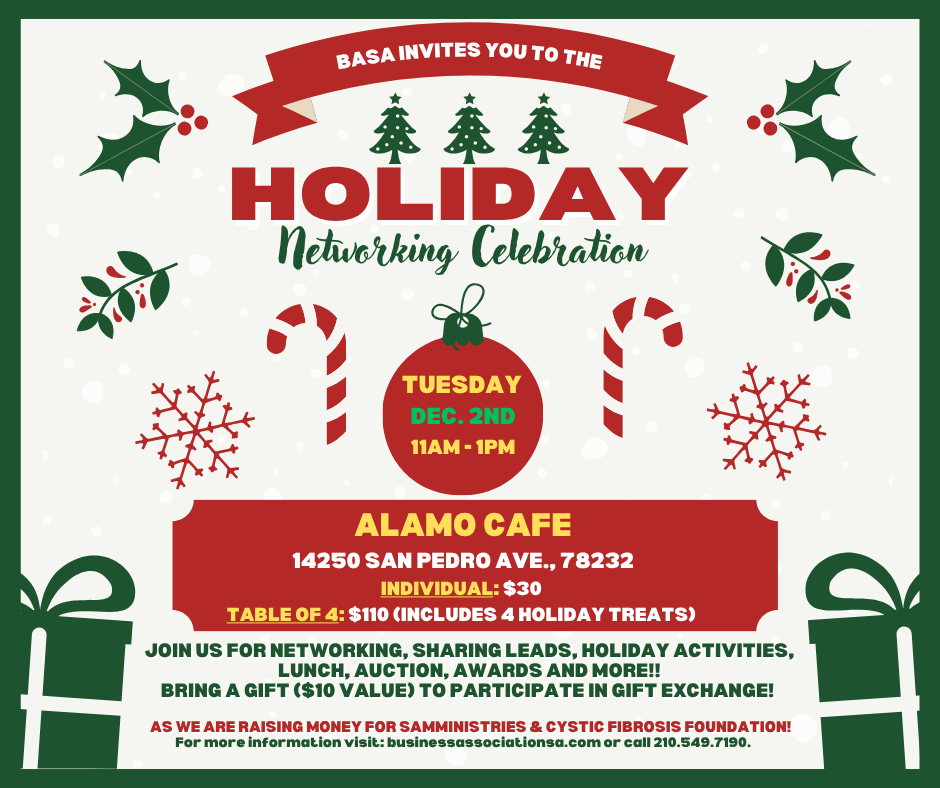 BASA Holiday Networking Celebration at Alamo Cafe flyer