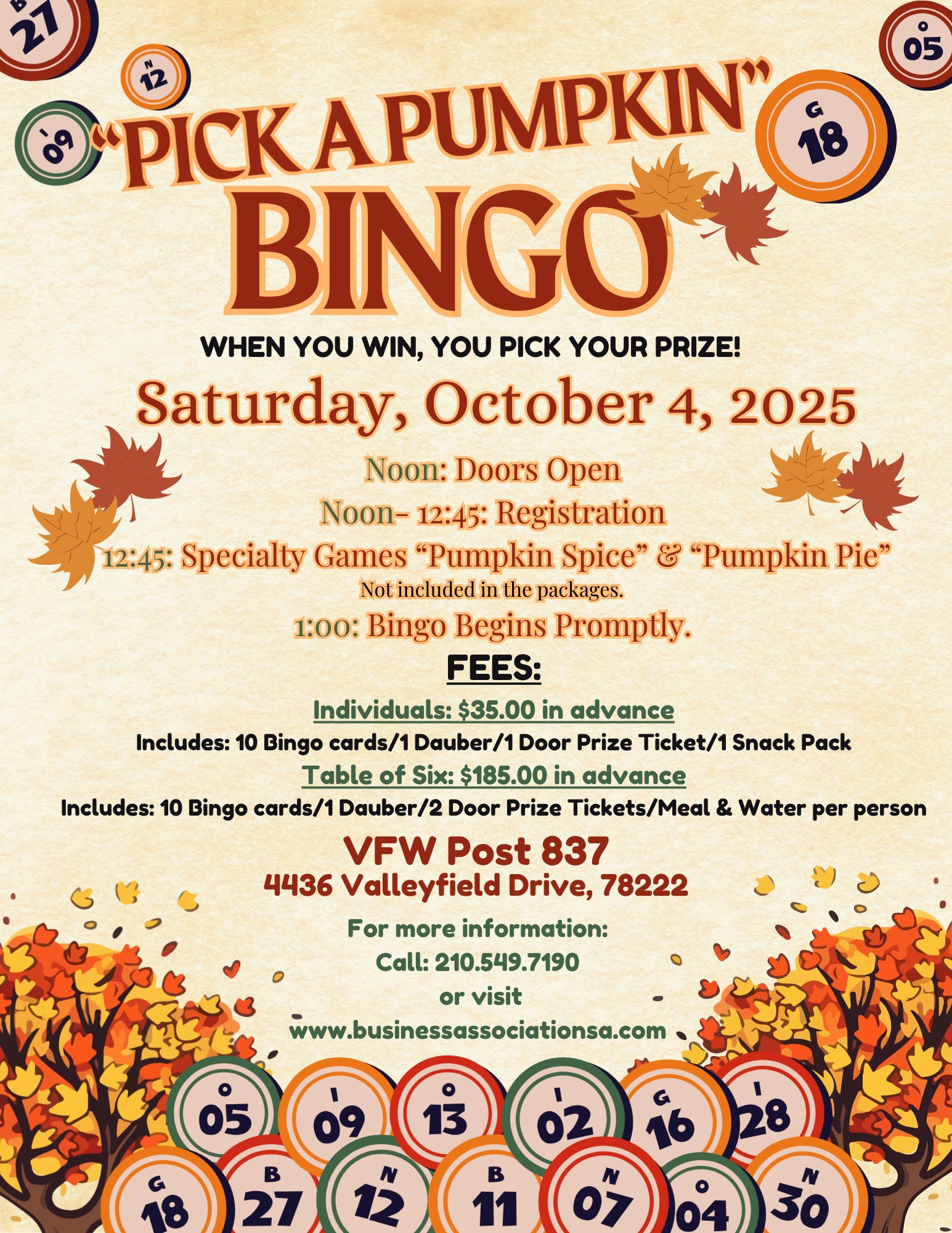 "Pick a Pumpkin" Bingo - Fall Fun at VFW Post 837! flyer