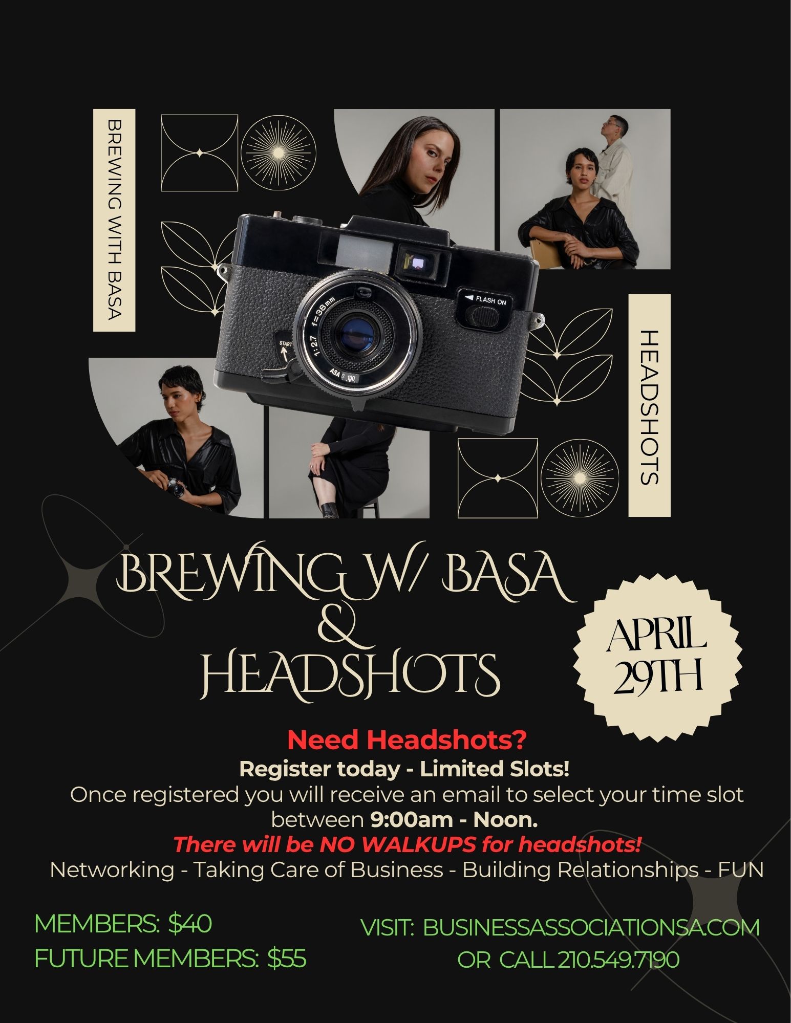 Brewing with BASA & Headshots - Professional Photos + Networking flyer