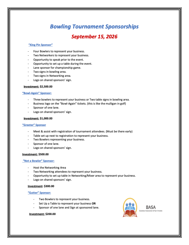 BASA Bowling Tournament Sponsorships – "Battle of the Businesses" flyer