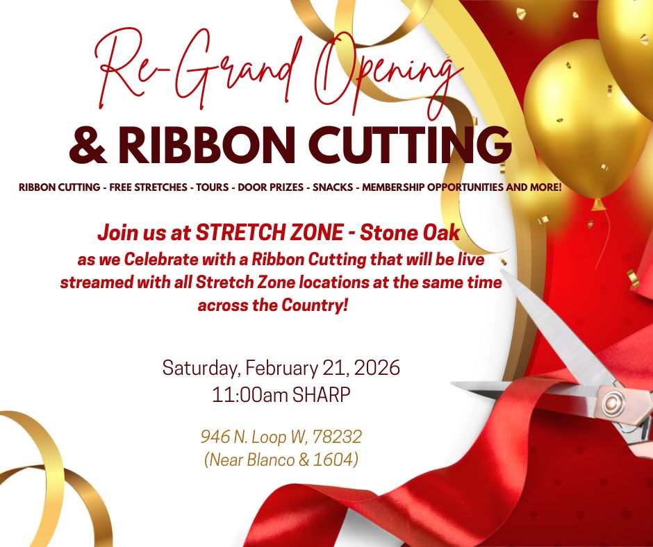 Stretch Zone Stone Oak Grand Opening & Free Stretches Feb 2026 flyer