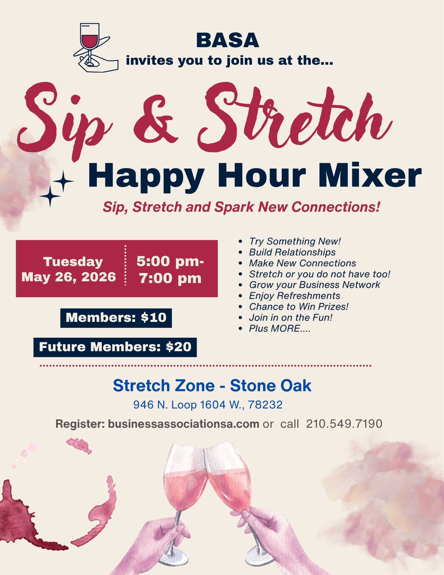BASA Sip & Stretch Happy Hour Mixer flyer