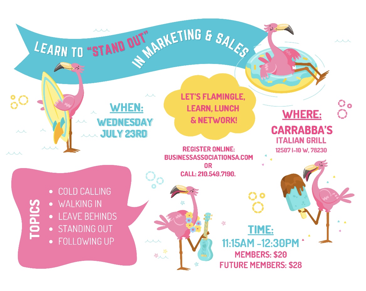Learn to "Stand Out" in Marketing & Sales - Let's Flamingle! flyer