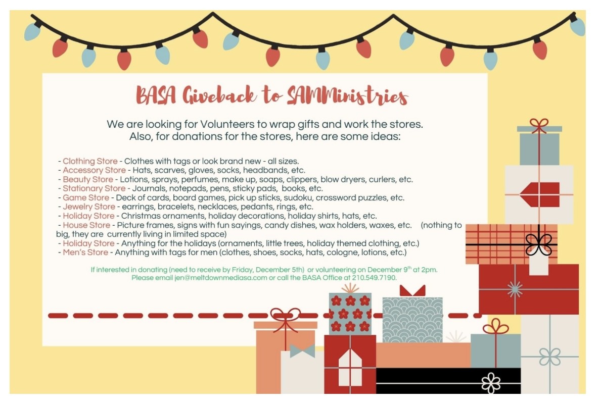 BASA Giveback to SAMMinistries - Volunteers & Donations Needed! flyer