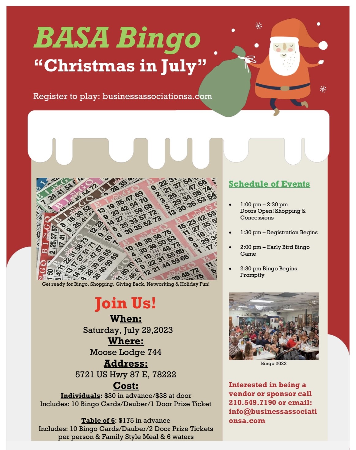 BASA “Christmas in July” Bingo flyer